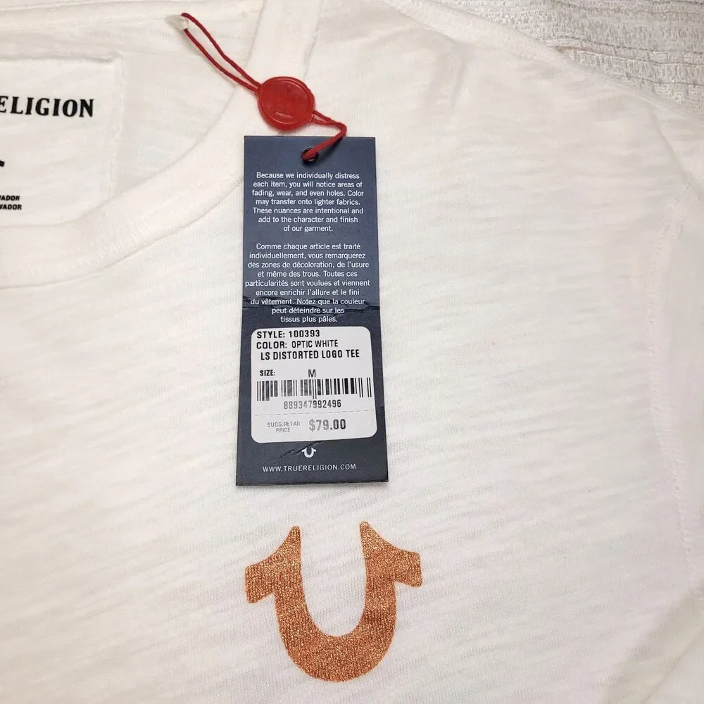 TRUE RELIGION Long Sleeve Shirt Sleeve Hits Optic White Unisex Medium *NEW* $79